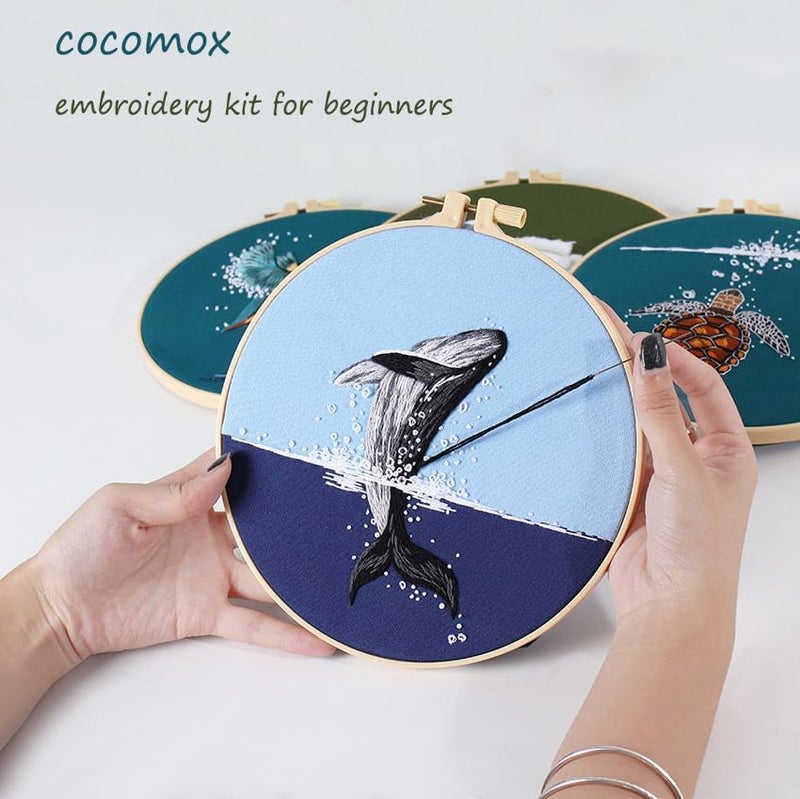 COCOMOX 4 Sets Embroidery Kit for Beginners, Hand Embroidery Stiches Practice Kit for Adults, Dolphin Swan Turtle Hummingbird Pattern Embroidery Kit, Craft Hand Stitch DIY Kit - Image 3